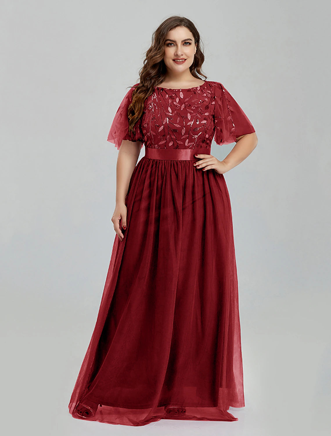 Vestido de fiesta de corte A, floral, para quinceañera, largo hasta el suelo, manga corta, cuello joya, para dama de honor, de tul con bordados.